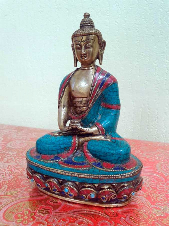 Амитабха, непальская статуэтка с инкрустацией бирюзы и коралла