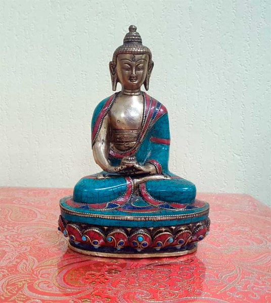 Амитабха, непальская статуэтка с инкрустацией бирюзы и коралла