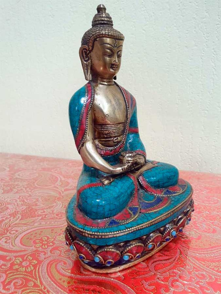 Амитабха, непальская статуэтка с инкрустацией бирюзы и коралла